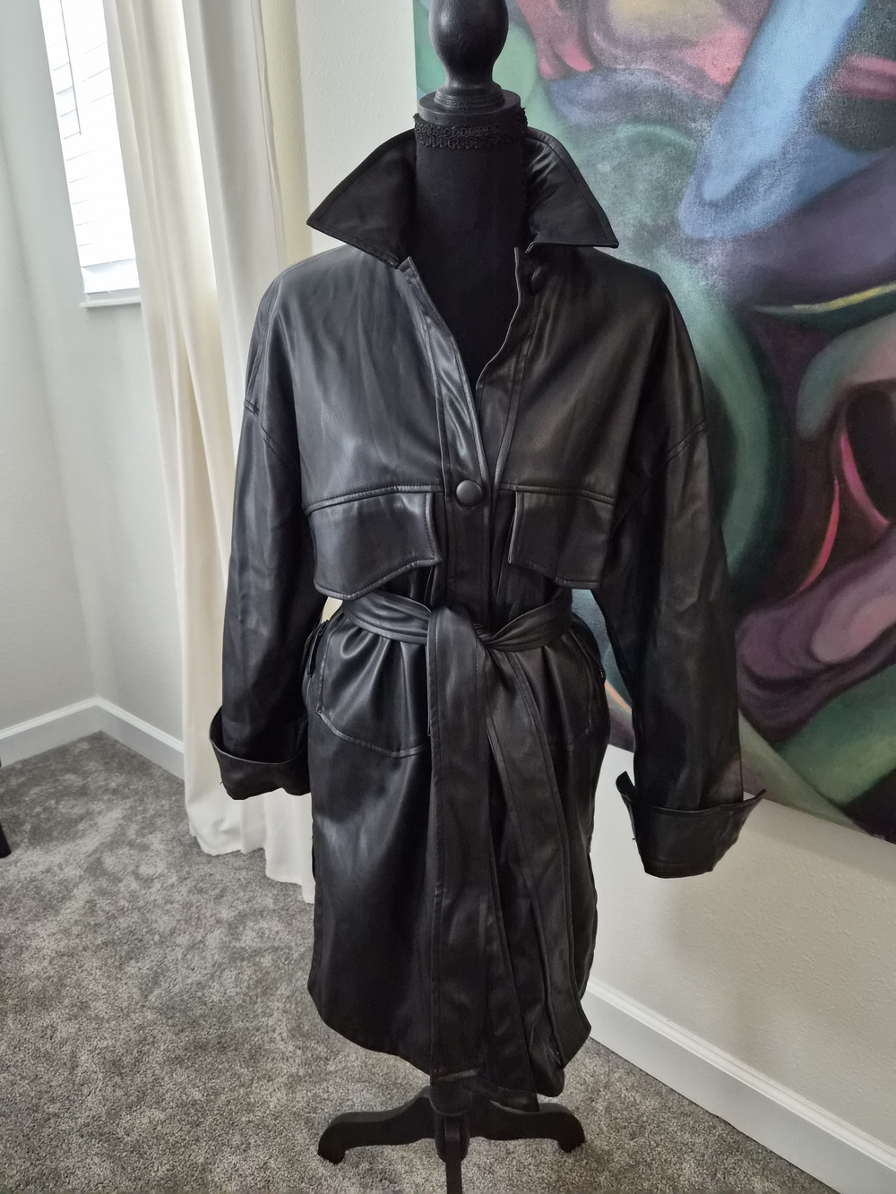 Zara Black Leather Belted Trench Coat Shacket